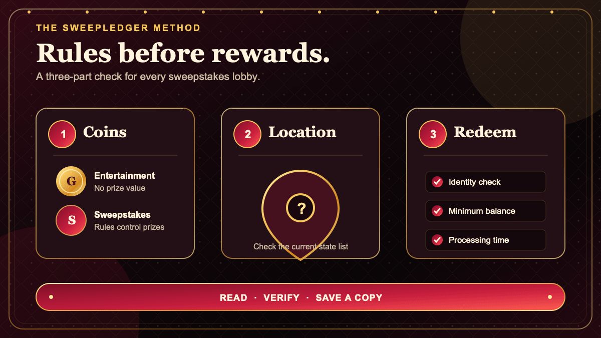 Three-part sweepstakes casino checklist covering coins, location rules, and redemption checks.